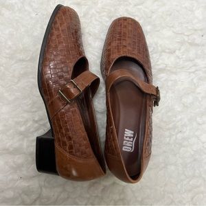 DREW Brown Woven Leather Mary Jane Heels